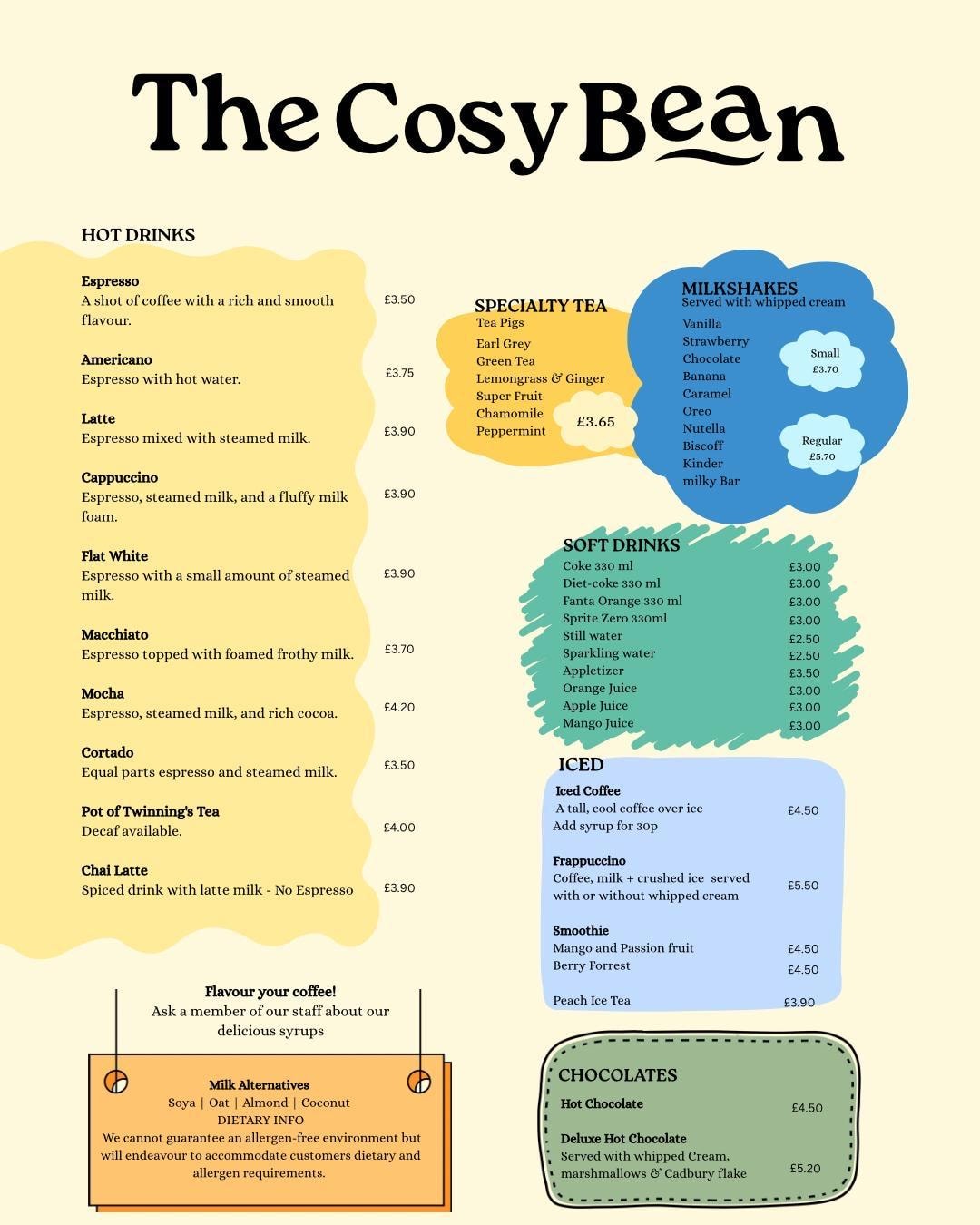 The Cosy Bean menu page 1